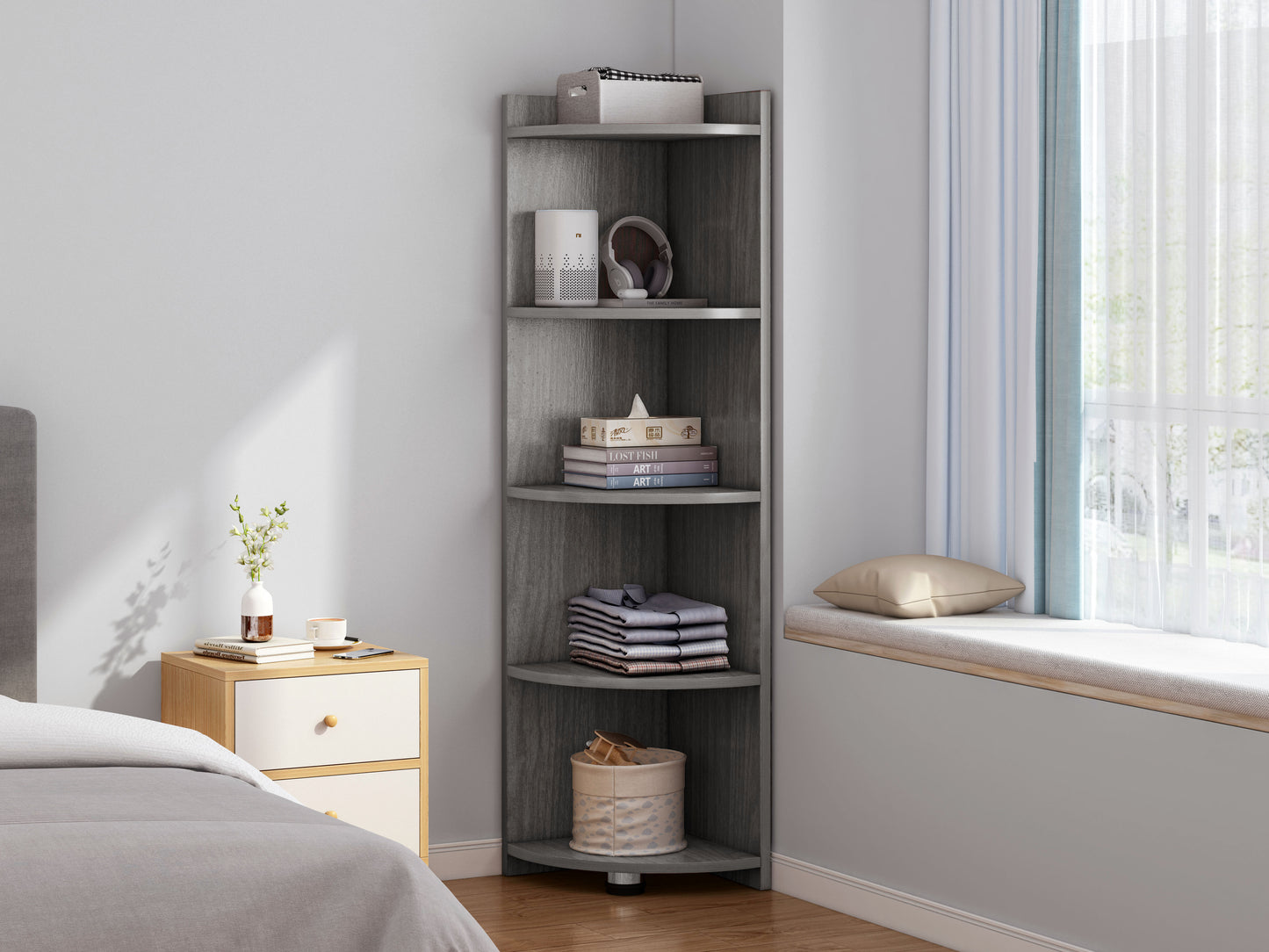 Stylish 5-Tier Rustic Grey Wooden Corner Shelf Unit