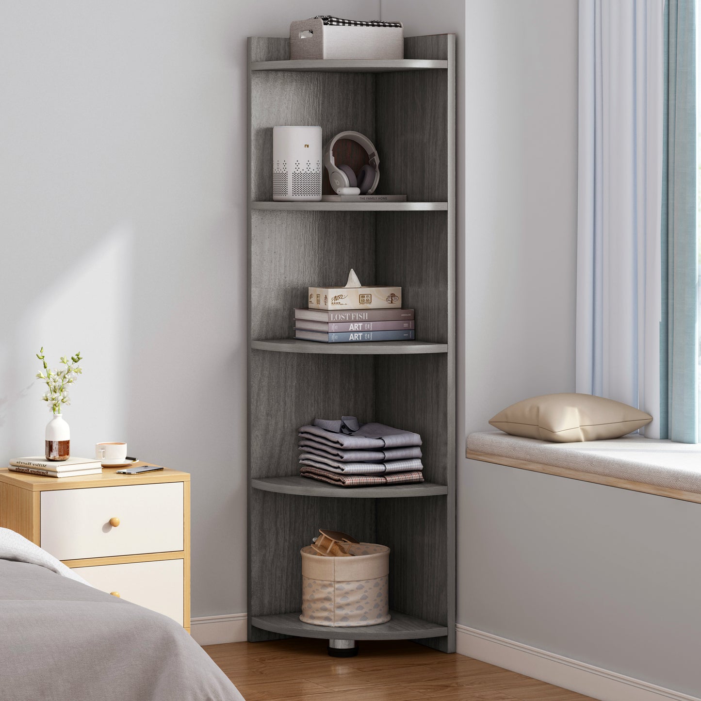 Stylish 5-Tier Rustic Grey Wooden Corner Shelf Unit