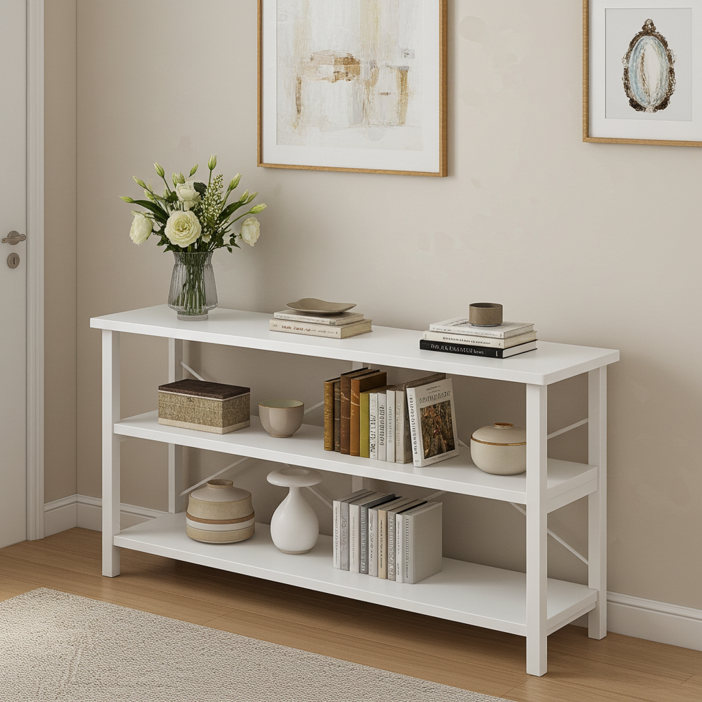 Industrial Console Table TV Stand Bookcase Storage Shelf Unit (White)