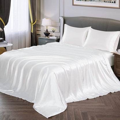 Queen Silky Satin Bed Sheet Set Soft and Smooth White