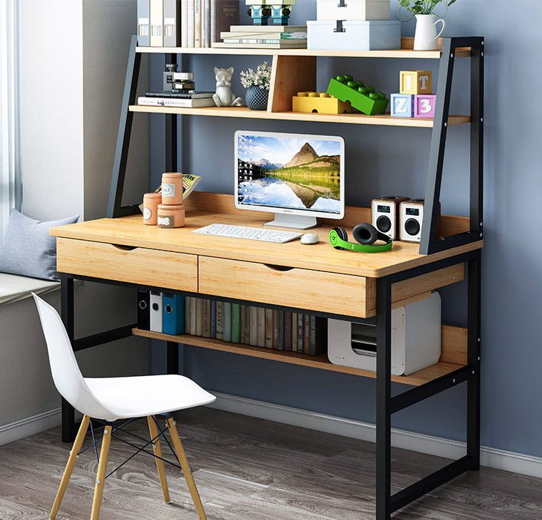 Spacious Office Computer Desk Workstation with Shelves and Drawers - Oak