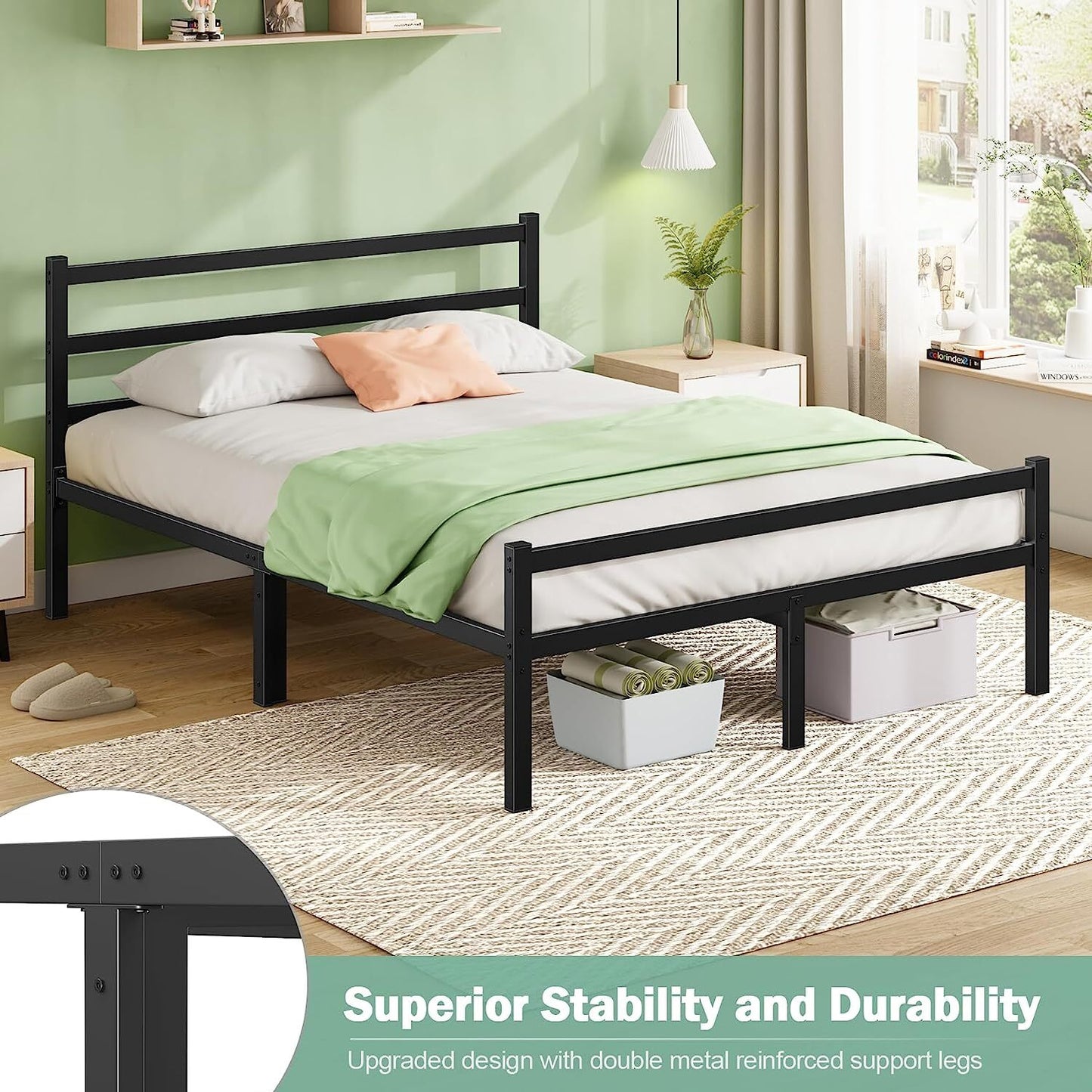 King Size Metal Platform Bed Frame Heavy Duty Steel Black