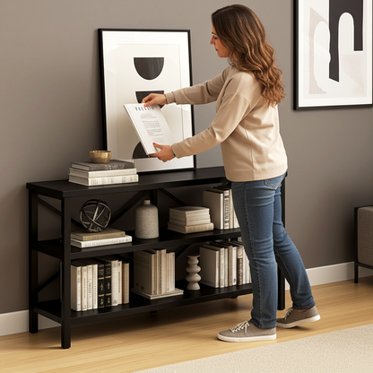 Industrial Console Table TV Stand Bookcase Storage Shelf Unit (Black)