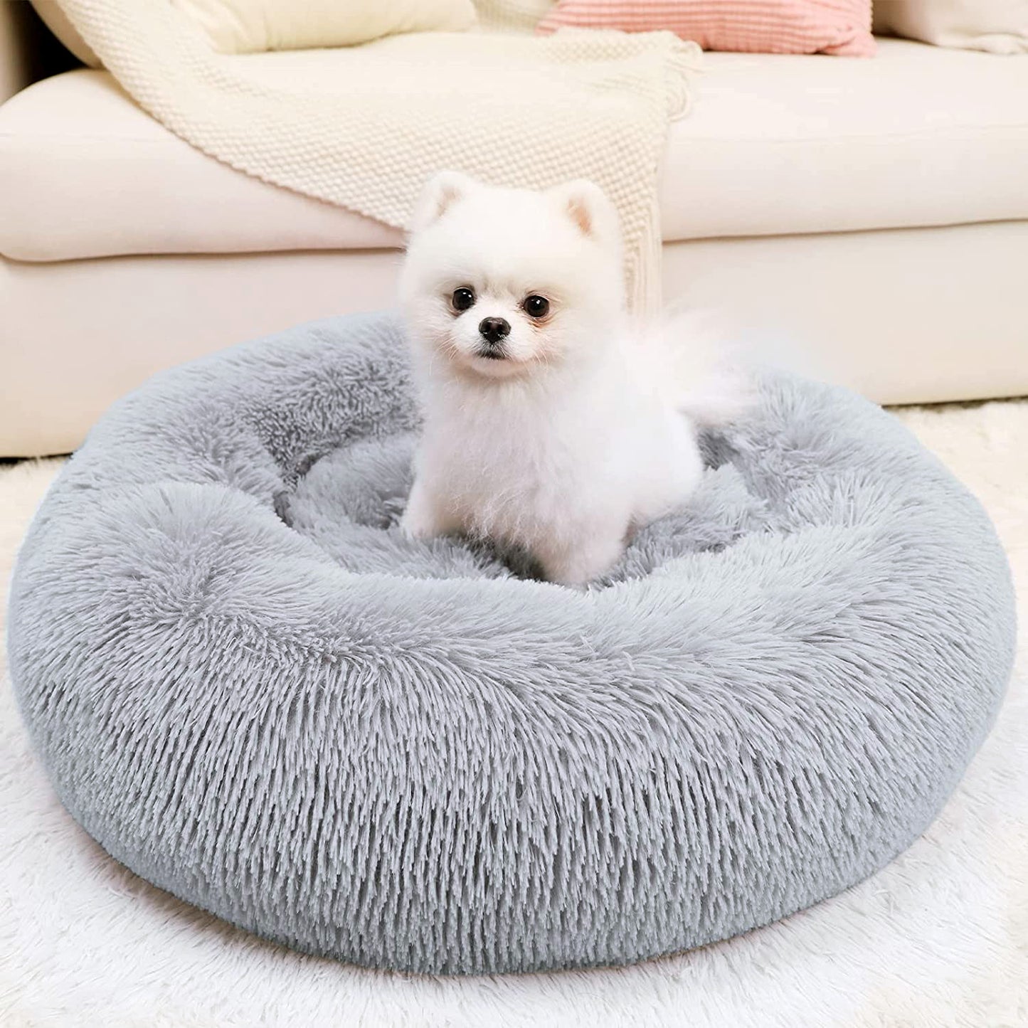 60cm Cozy Plush Soft Fluffy Pet Bed for Dogs and Cats Light Grey