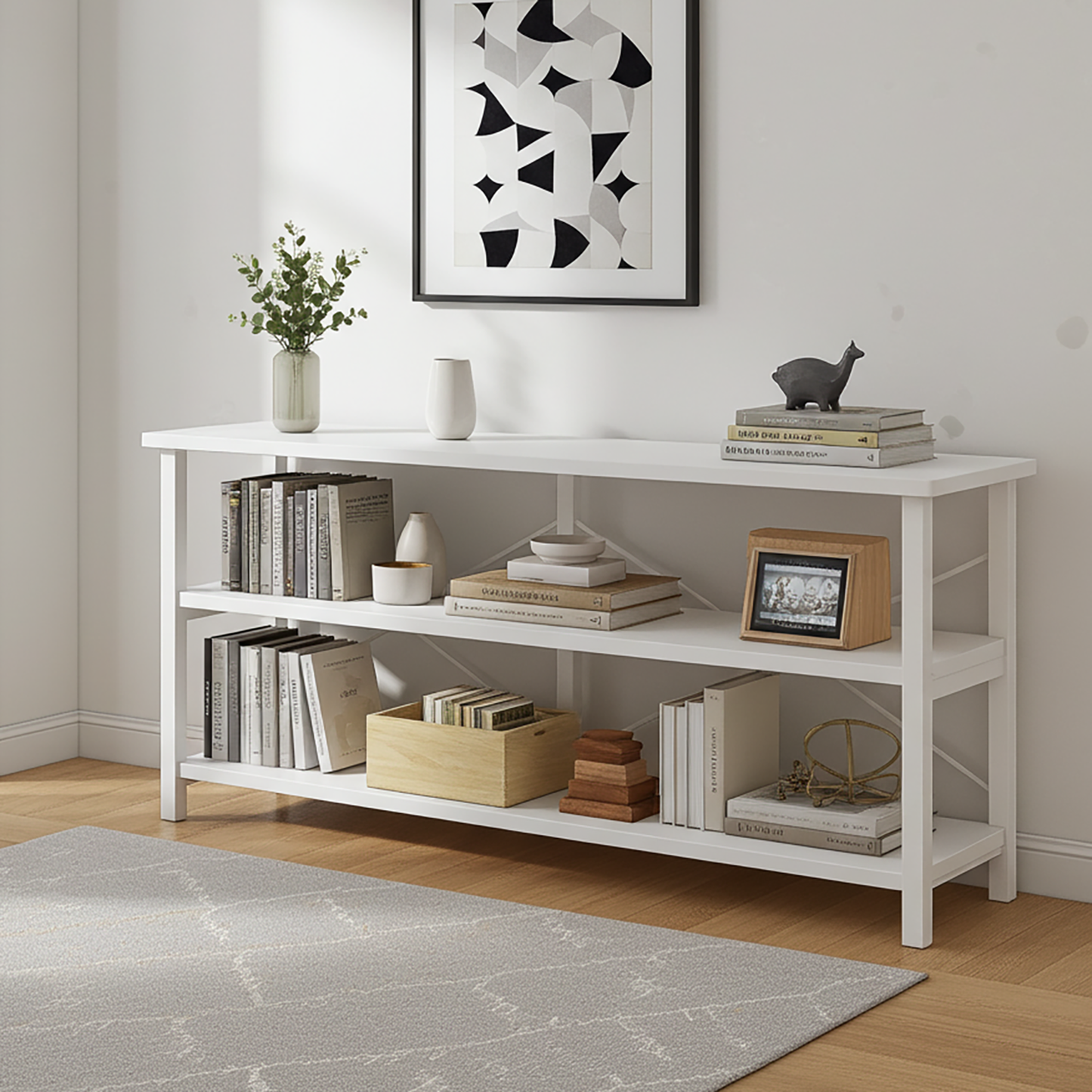 Industrial Console Table TV Stand Bookcase Storage Shelf Unit (White)