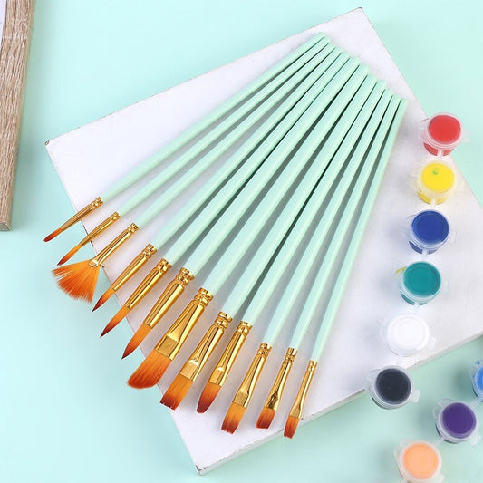 12PCS Professional Nylon Bristle Paint Brushes Set for Acrylic Watercolor Oil Green