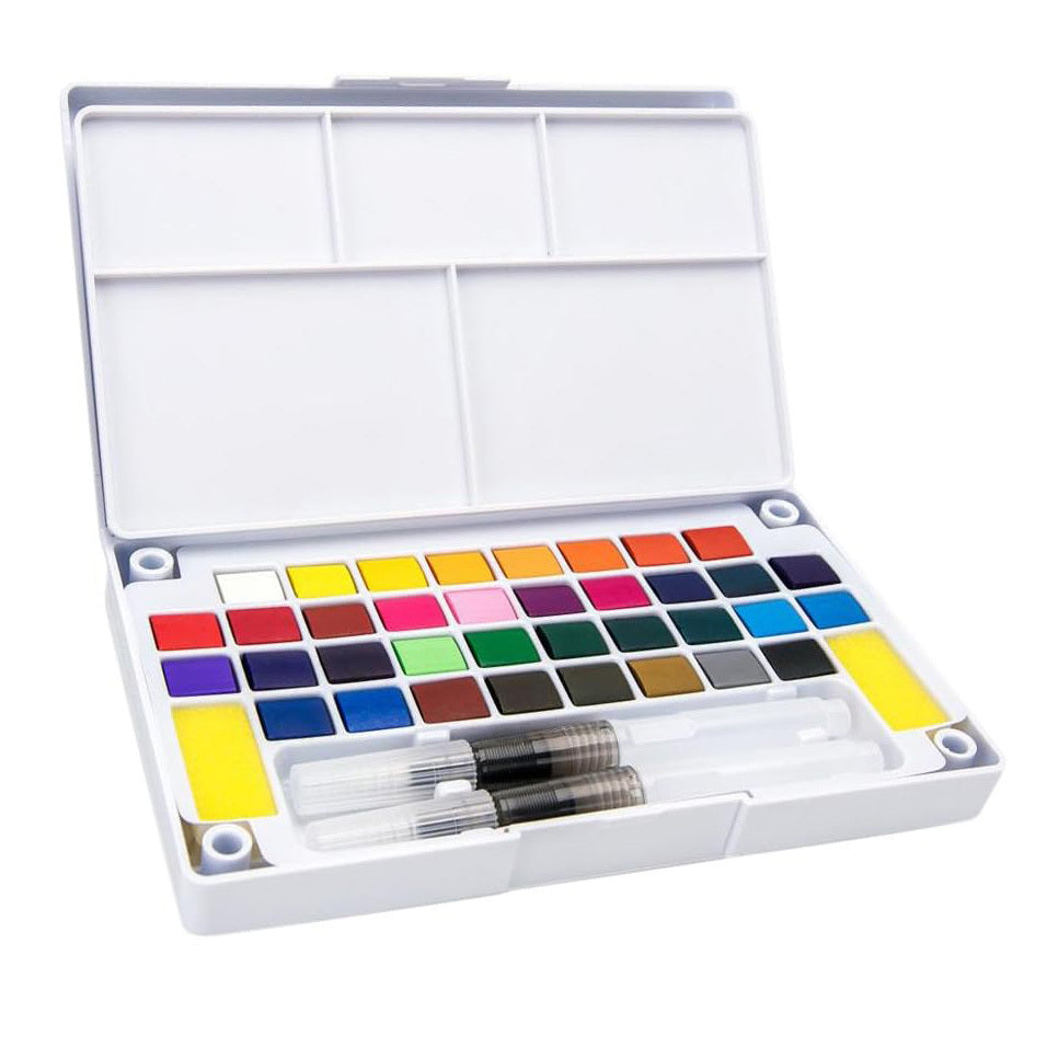 36 Watercolour Paint Palette Set with Fountain Brush Pens Portable Art Supplies