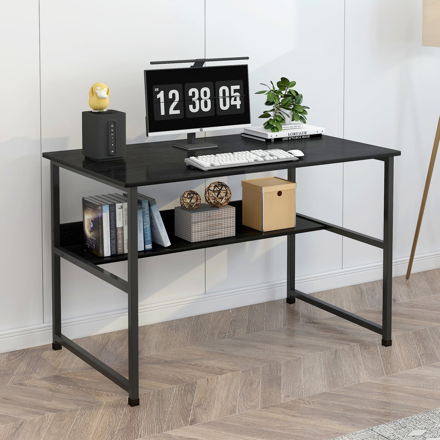 Modern Wood Metal Computer Desk with Shelf Black