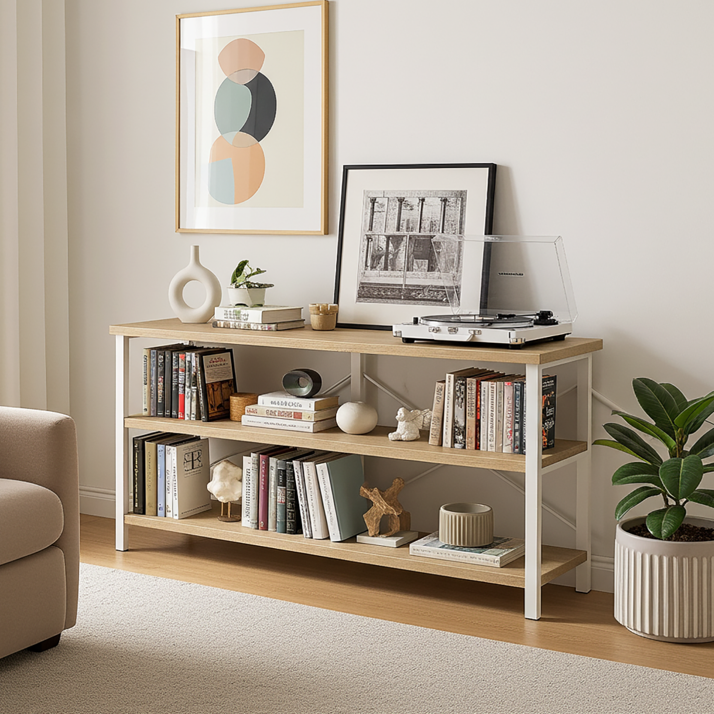 Industrial Console Table TV Stand Bookcase Storage Shelf Unit (Oak & White)