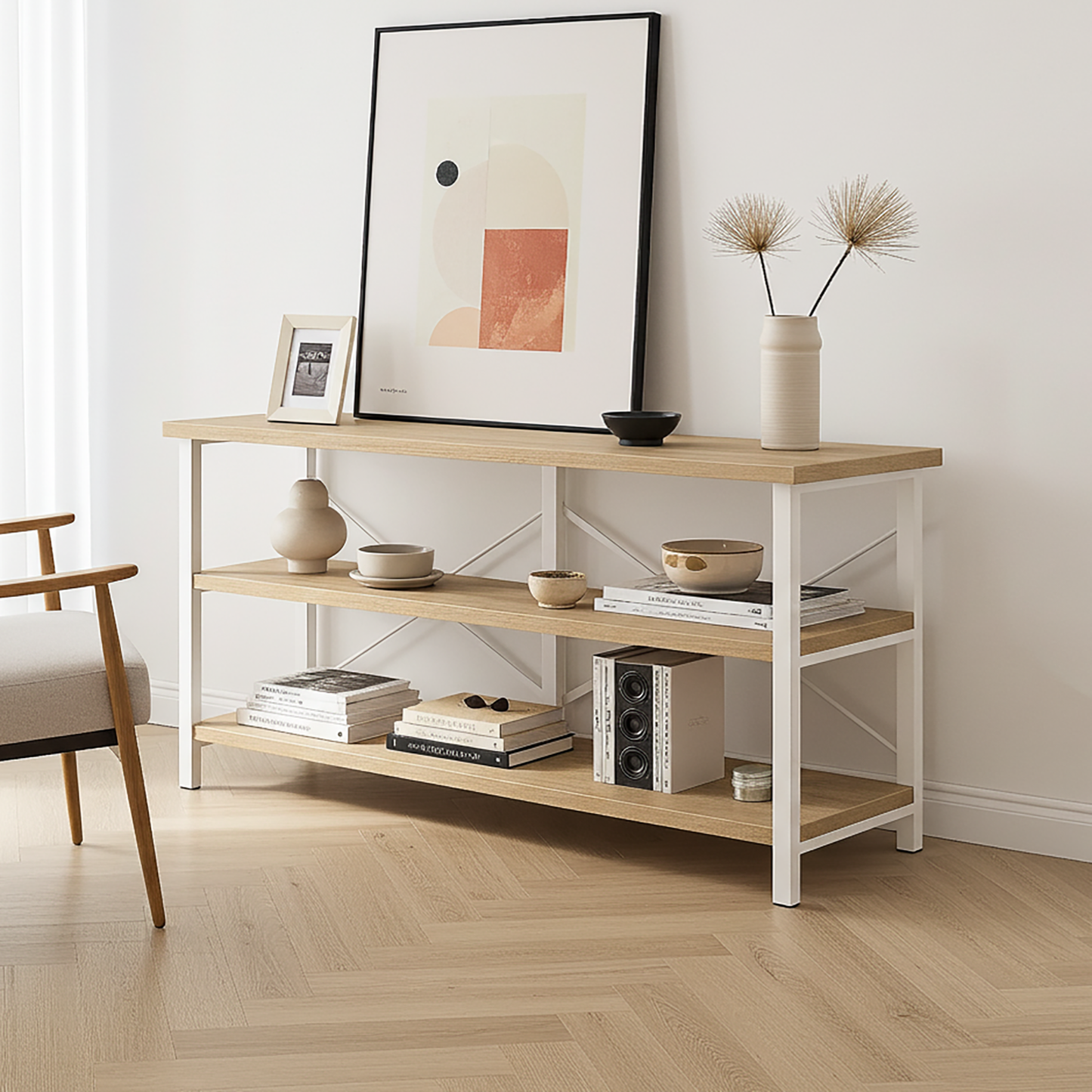 Industrial Console Table TV Stand Bookcase Storage Shelf Unit (Oak & White)