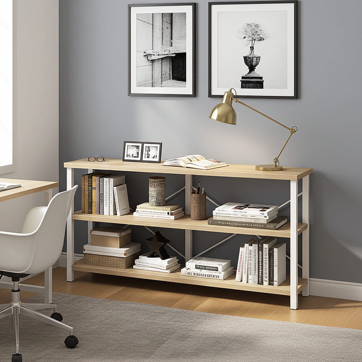 Industrial Console Table TV Stand Bookcase Storage Shelf Unit (Oak & White)