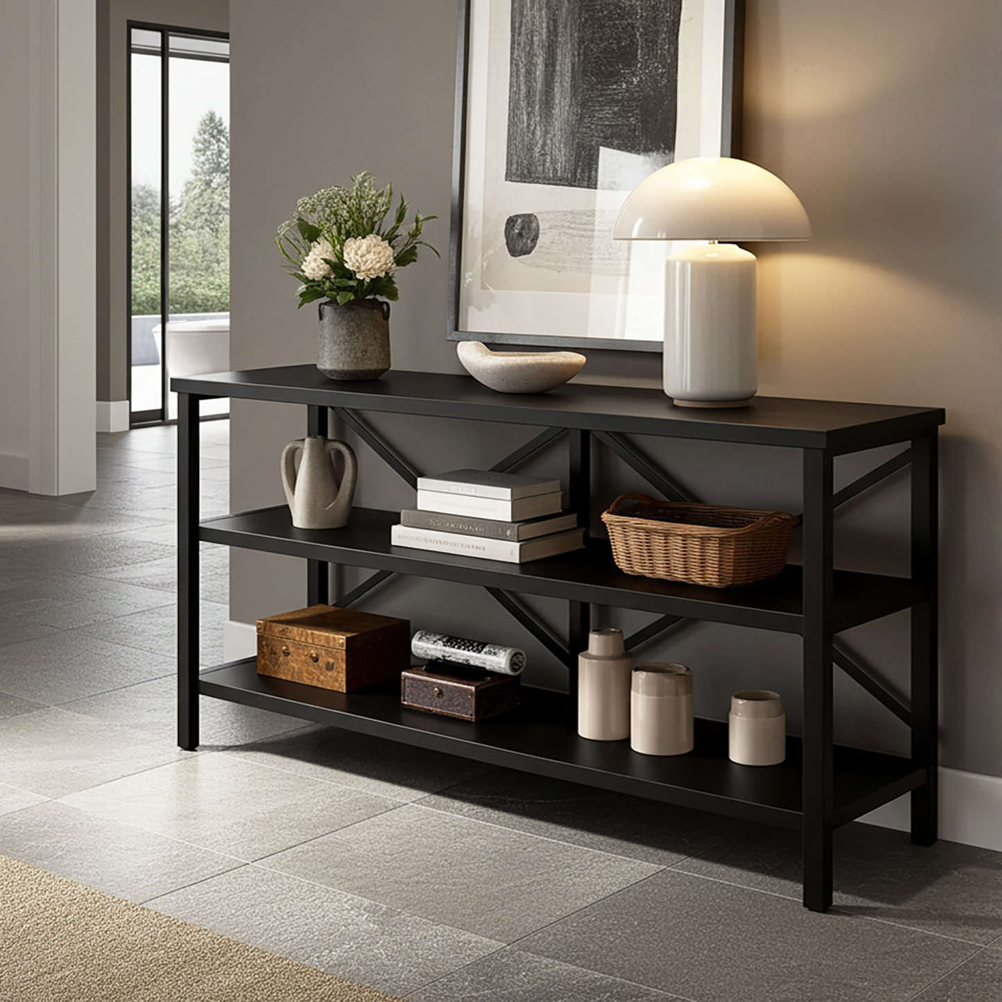 Industrial Console Table TV Stand Bookcase Storage Shelf Unit (Black)