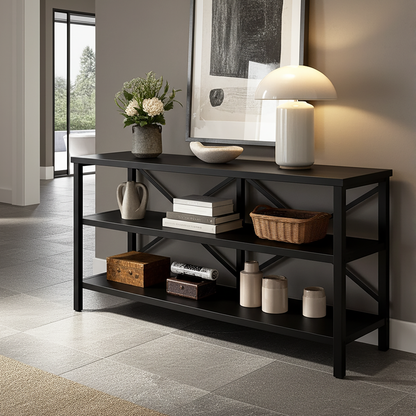 Industrial Console Table TV Stand Bookcase Storage Shelf Unit (Black)