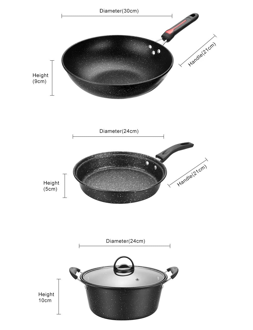 3 PC Non-Stick Stone Cookware Set Frying Pan Pot Kitchen Essentials