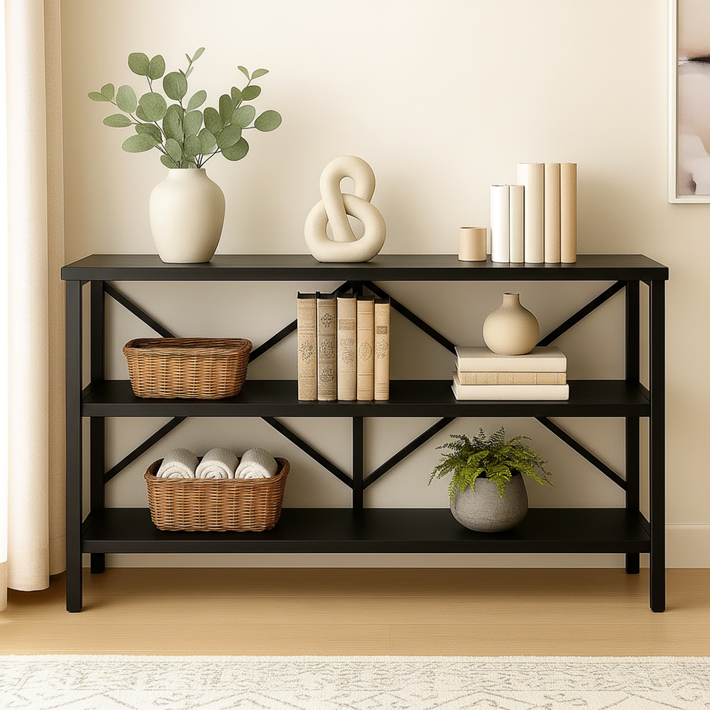Industrial Console Table TV Stand Bookcase Storage Shelf Unit (Black)