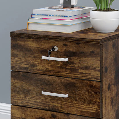 Rustic Wood 3 Drawer Bedside Table Cabinet with Wheels