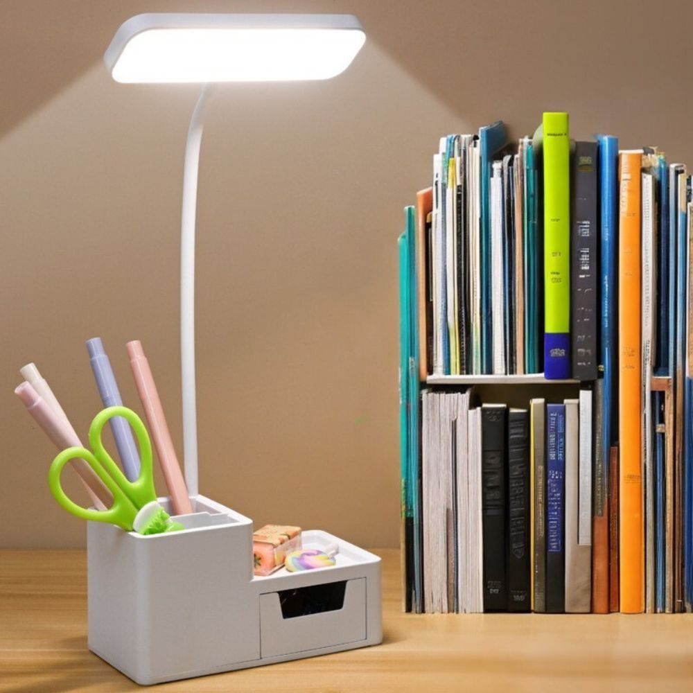 Eye-Protecting LED Night Light Desk Lamp with Pen Holder and Drawer White