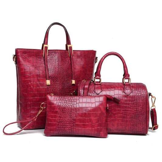 3 PCS Luxe Leather Handbag Set Large Tote Shoulder Bag Clutch Purse Wallet Red