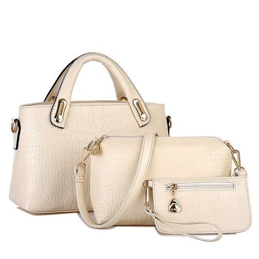 3 Piece PU Leather Handbag Set Tote Shoulder Bag Clutch Purse Wallet Cream