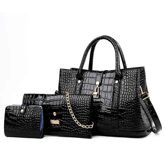 3 Piece Large Tote Shoulder Bag Purse Wallet Set Faux Crocodile Leather Handbag Black