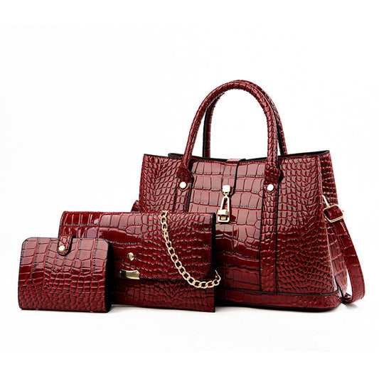 3 Piece Large Tote Shoulder Bag Purse Wallet Set Faux Crocodile Leather Red