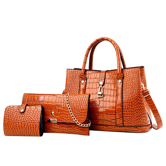 3 Piece Faux Crocodile Leather Handbag Set Large Tote Shoulder Bag Purse Wallet