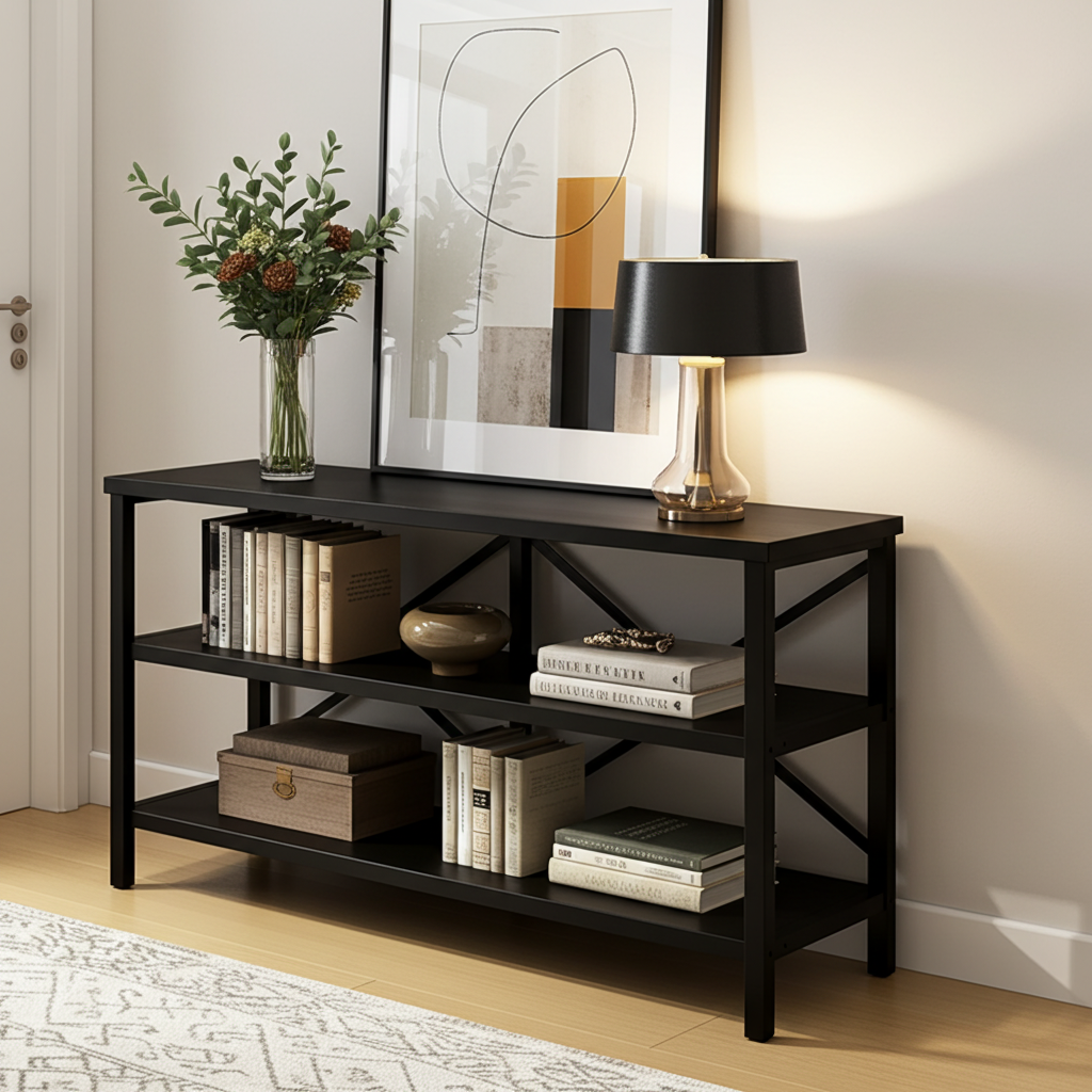 Industrial Console Table TV Stand Bookcase Storage Shelf Unit (Black)