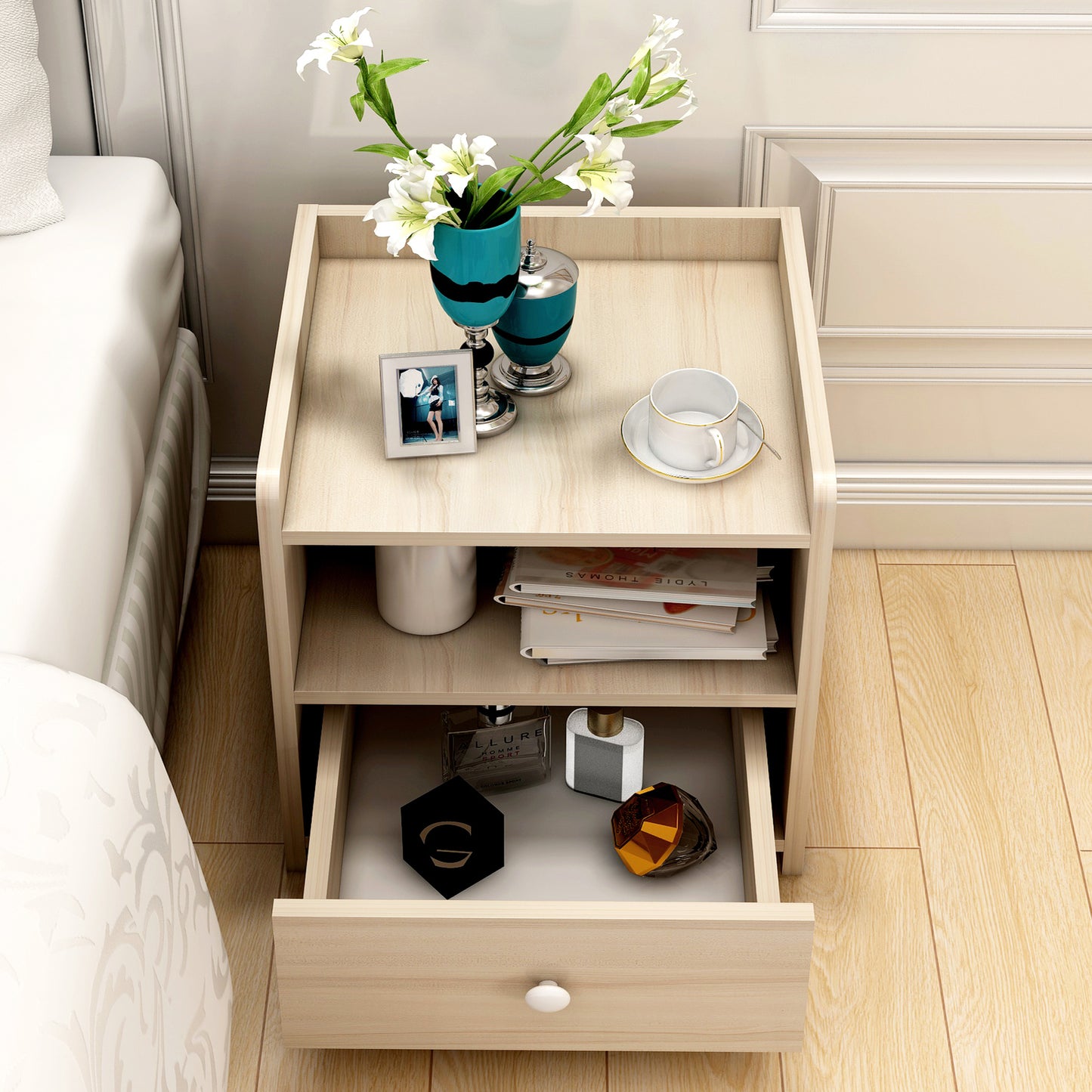 White Oak Bedside Table with Drawer for Modern Bedrooms