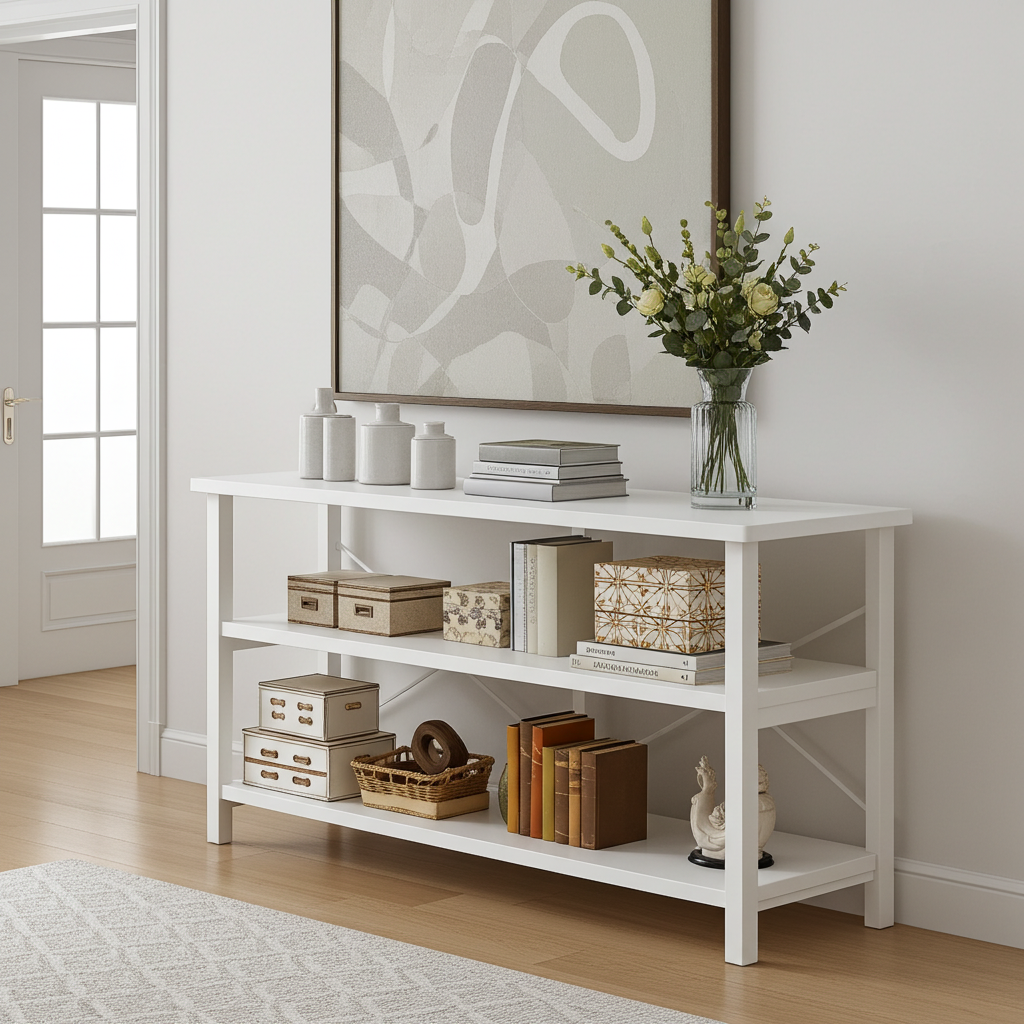Industrial Console Table TV Stand Bookcase Storage Shelf Unit (White)