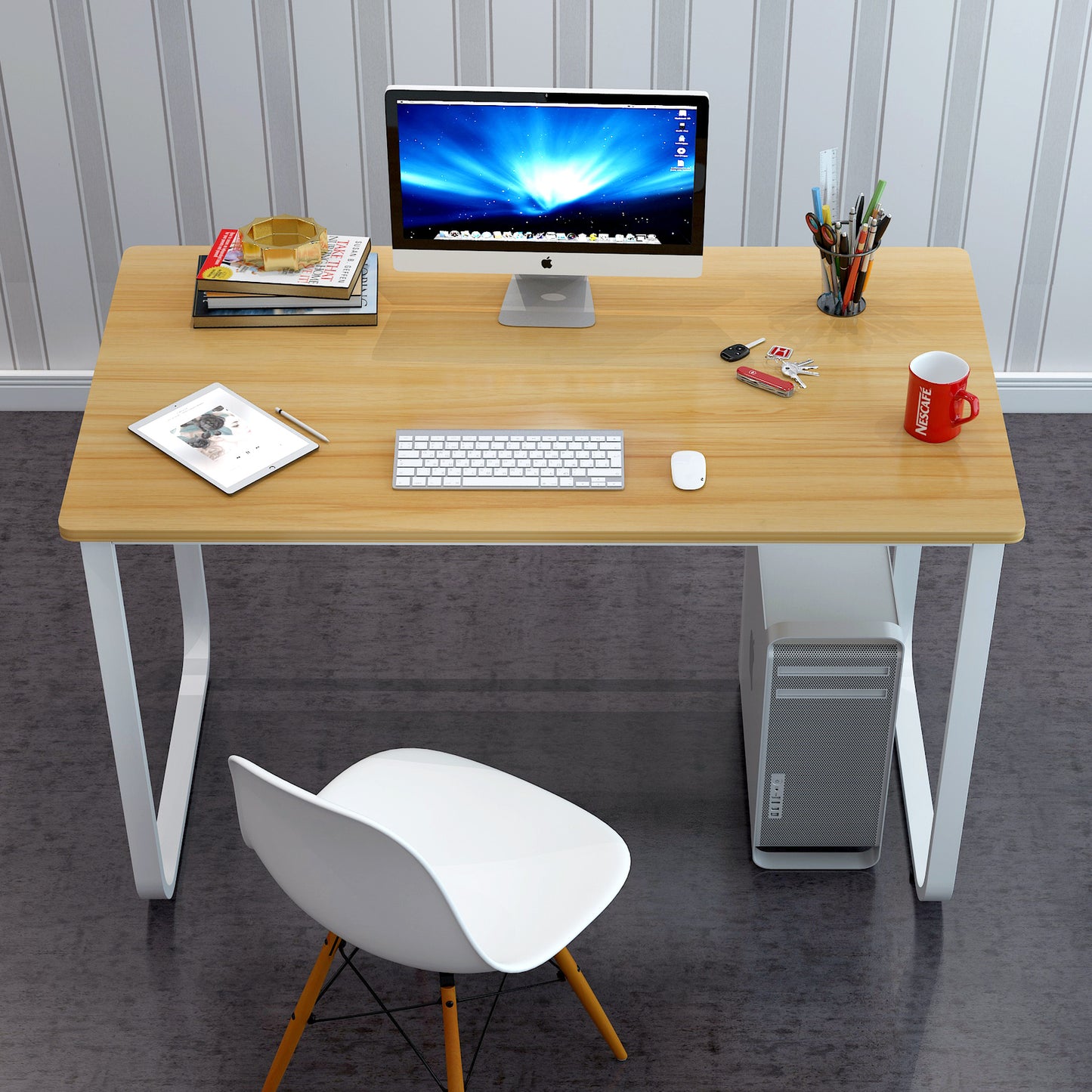 Oak Wood and Steel Computer Desk for Home Office