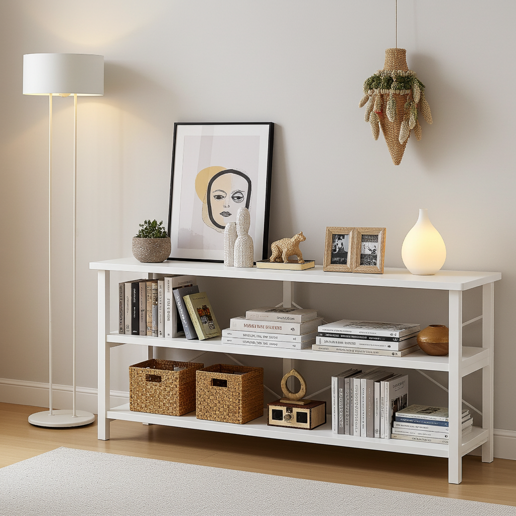 Industrial Console Table TV Stand Bookcase Storage Shelf Unit (White)