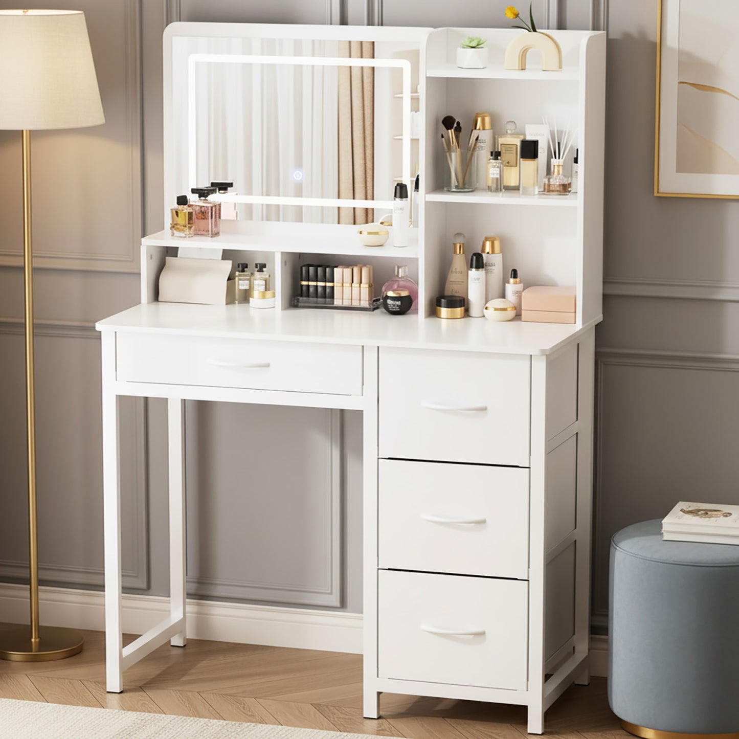 Deluxe LED Mirror Vanity Table with Mirror and Storage Drawers White