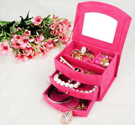 3 Level Velvet Jewelry Box Organizer with Drawers Hot Pink