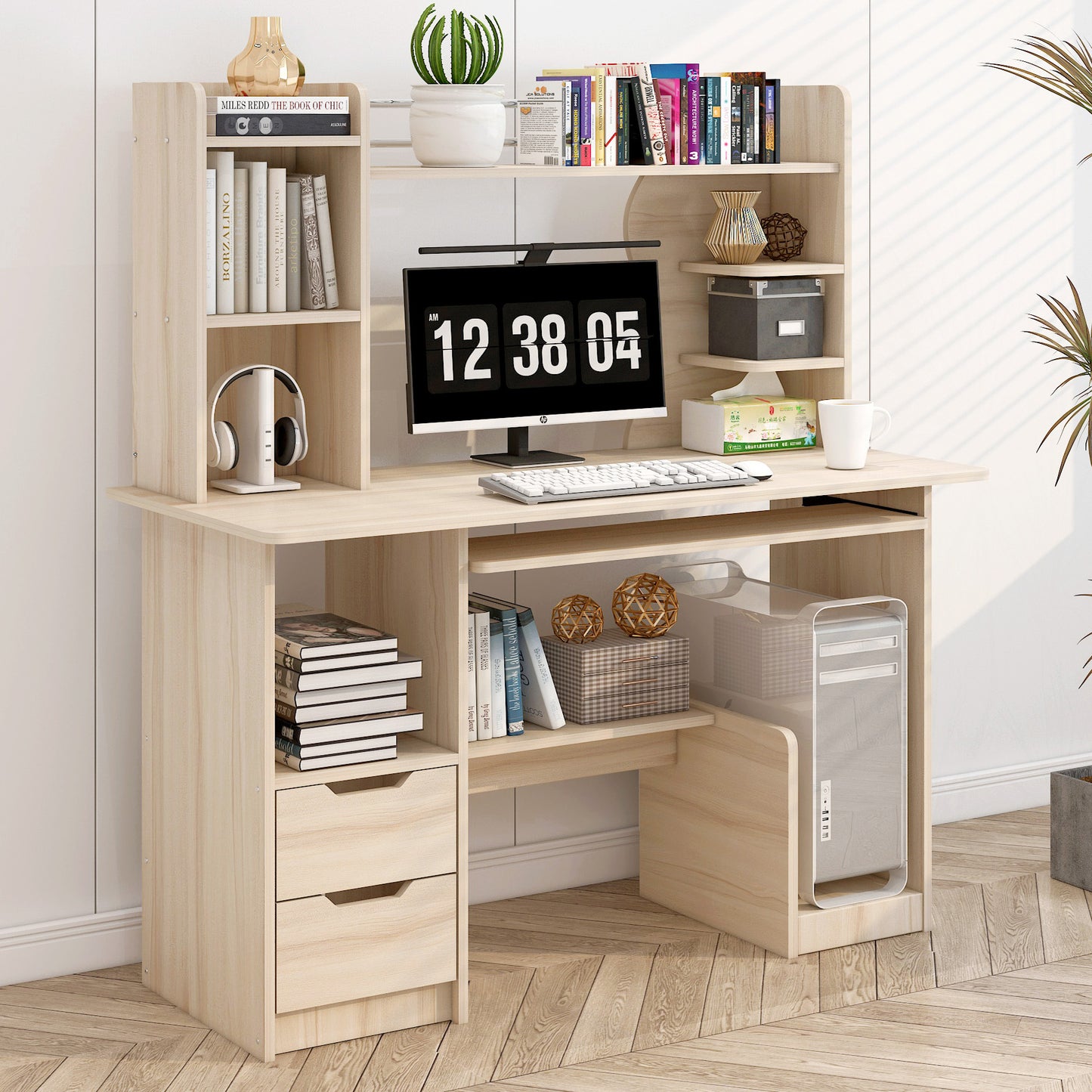 Stylish Computer Desk Home Office Workstation with Shelf and Cabinet White Oak