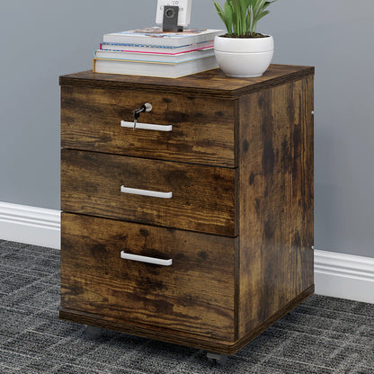 Rustic Wood 3 Drawer Bedside Table Cabinet with Wheels