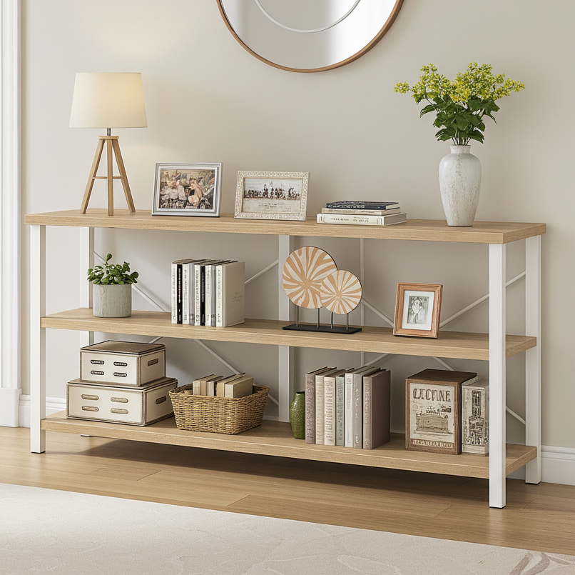 Industrial Console Table TV Stand Bookcase Storage Shelf Unit (Oak & White)