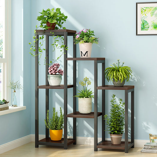 Elegant Multi-Tiered Garden Plant Stand Wood Steel Planter Shelf Black Walnut