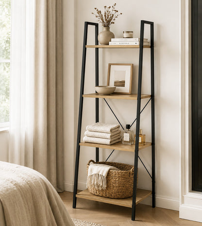 Rustic Oak Ladder Shelf Four Tier Wood Metal Bookshelf Storage Display Unit