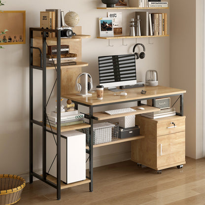 Multi-function Computer Desk Workstation with Shelves and Cabinet Rustic Oak