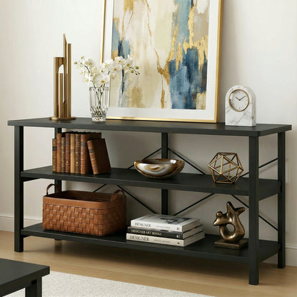 Industrial Console Table TV Stand Bookcase Storage Shelf Unit (Black)