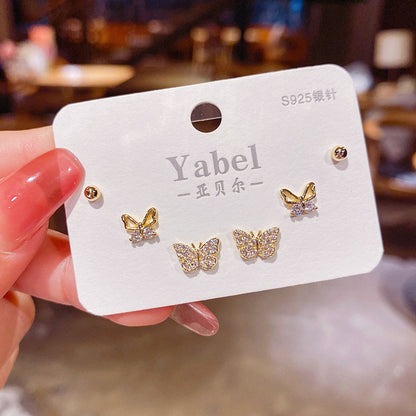 3 Pairs Crystal Butterfly Sterling Silver Stud Earrings Set