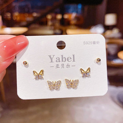 3 Pairs Crystal Butterfly Sterling Silver Stud Earrings Set