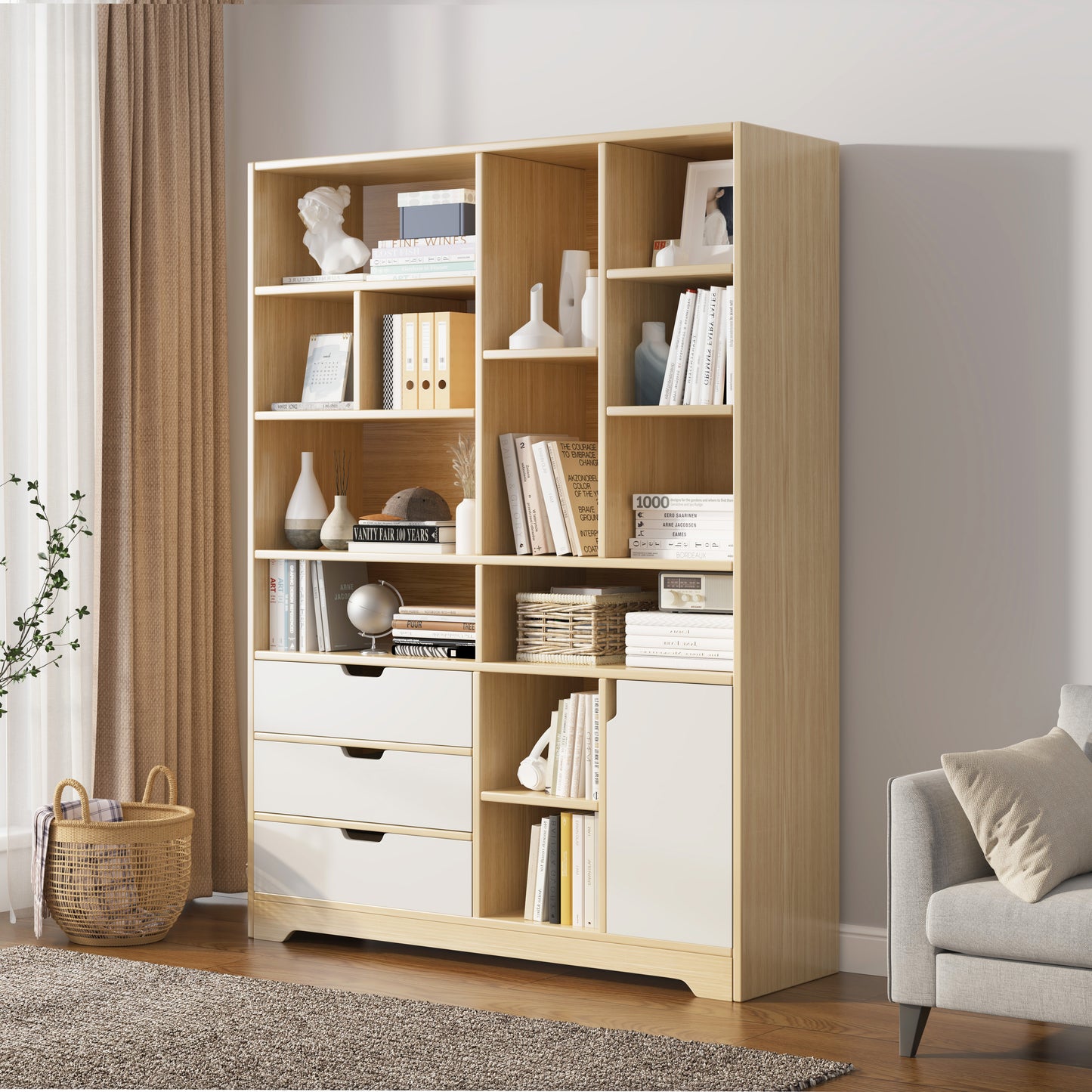 Combination Wardrobe Cupboard Bookshelf with Drawer and Cabinet Oak