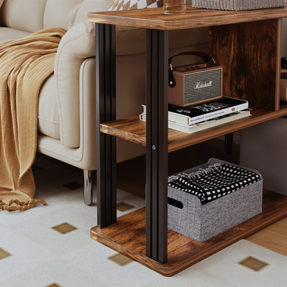 Rustic Wood and Steel Sofa Side Table with Shelves