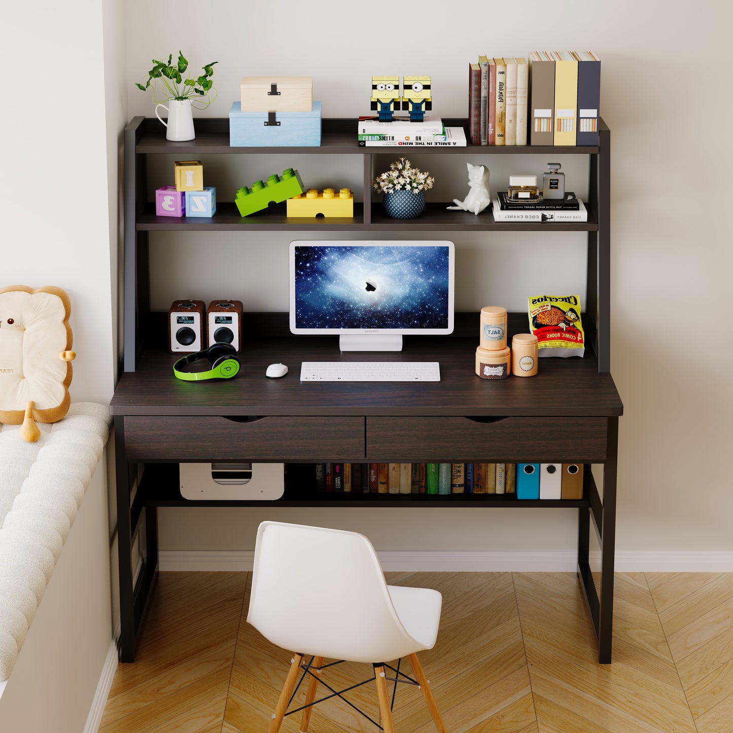 Spacious Office Computer Desk Workstation with Shelves and Drawers - Black