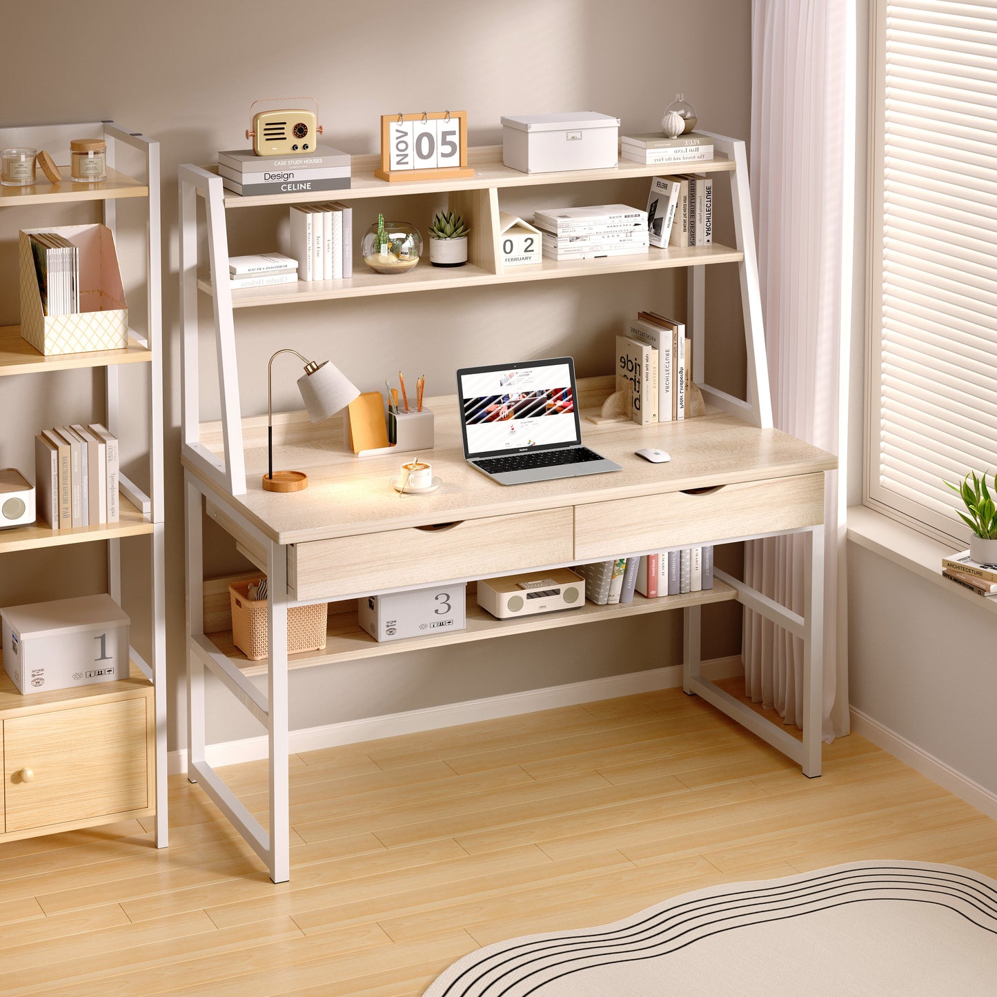 Spacious Office Computer Desk Workstation with Shelves and Drawers White Oak