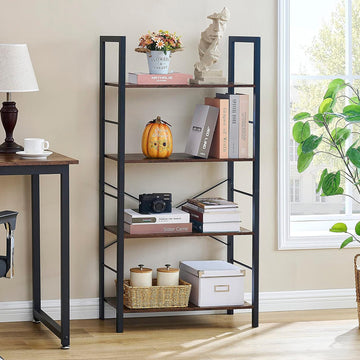 4-Tier Heavy Duty Rustic Wood Steel Bookcase Storage Shelf Organizer