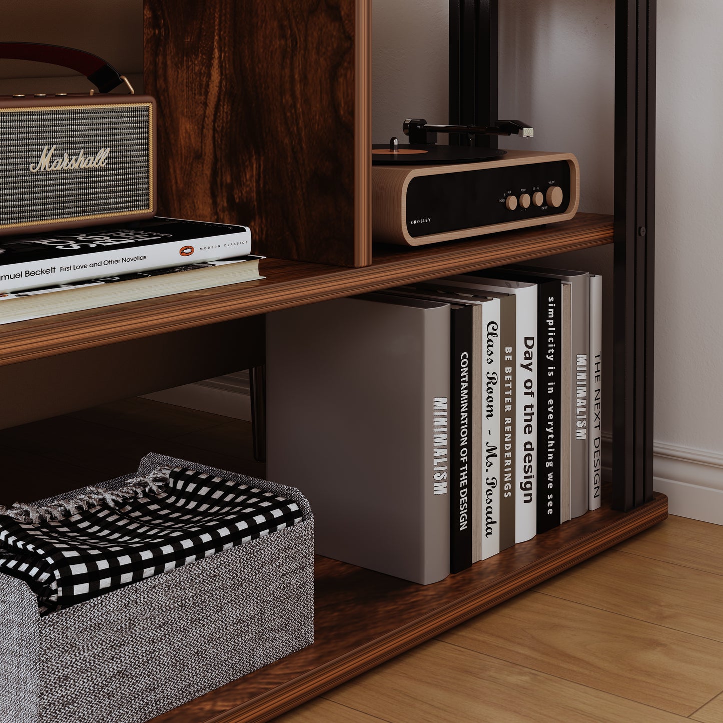 Rustic Wood and Steel Sofa Side Table with Shelves