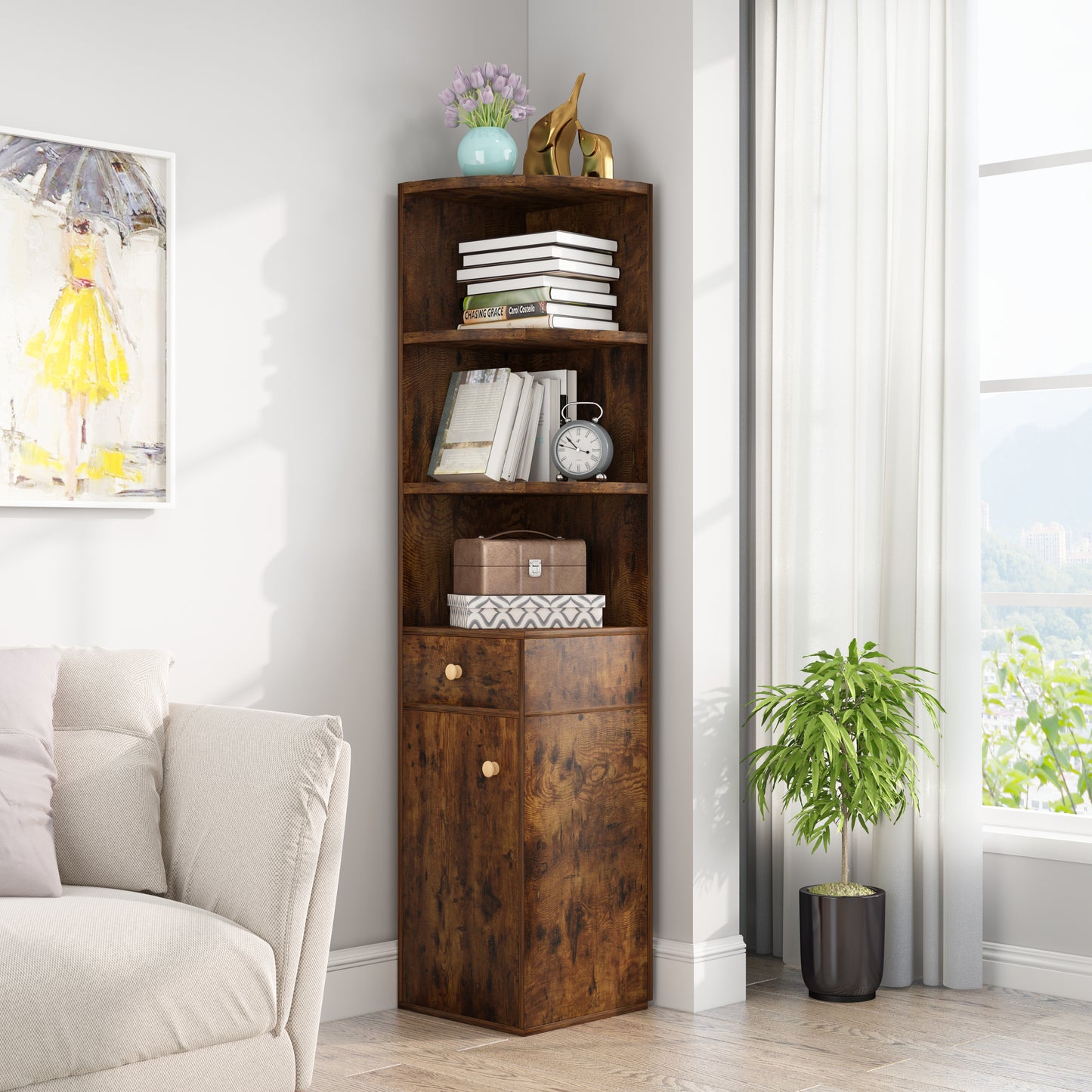 Stylish Rustic Wooden Corner Shelf Unit with Cabinet and Drawer