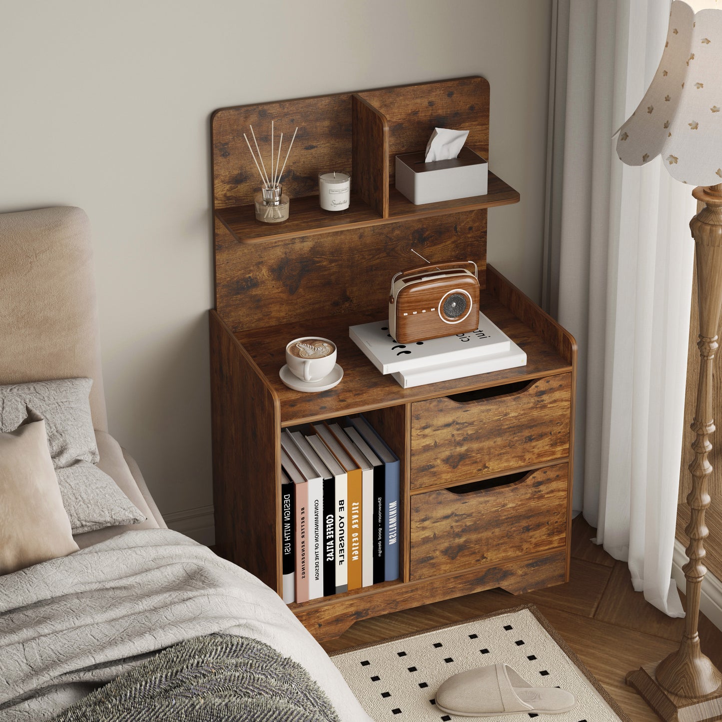 Tall Bed Side Table with Chest of Drawers and Shelf (Rustic Wood)